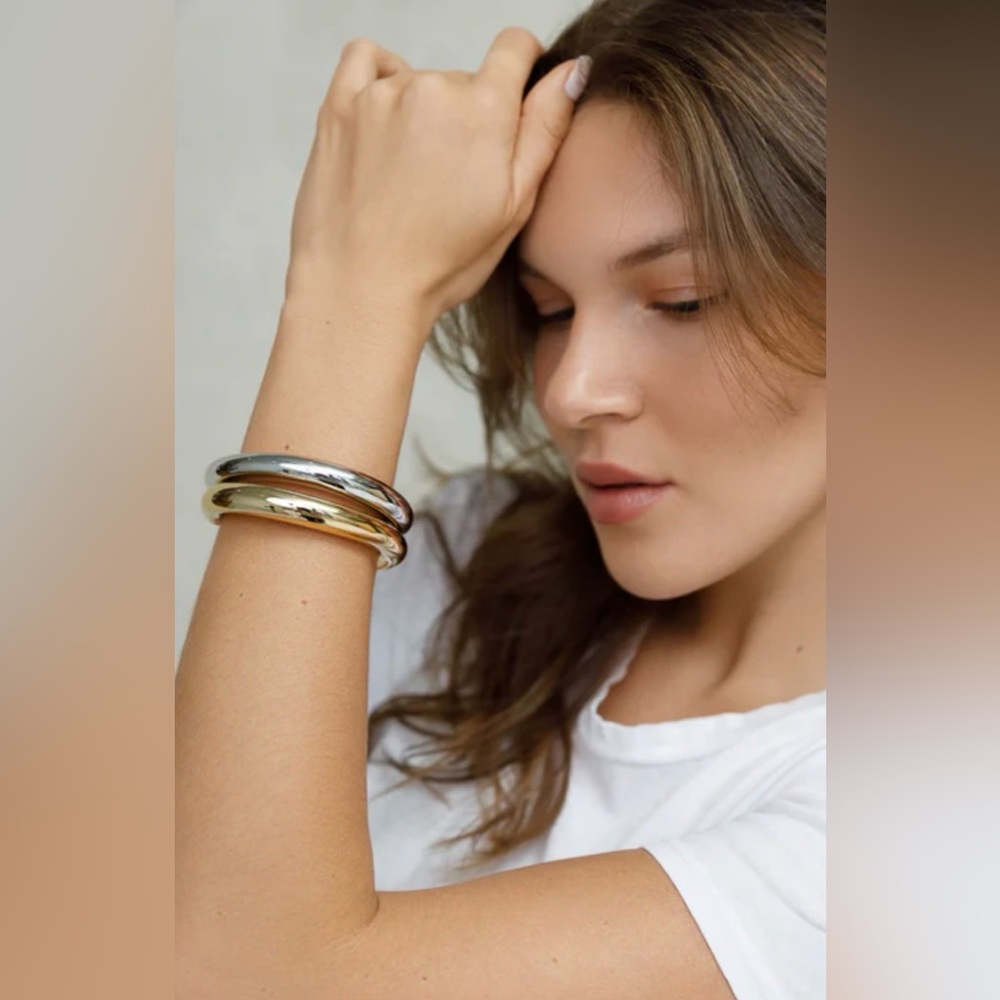Gold & Silver Dome Bangle Bracelet Set | Chunky Minimalist Stack
